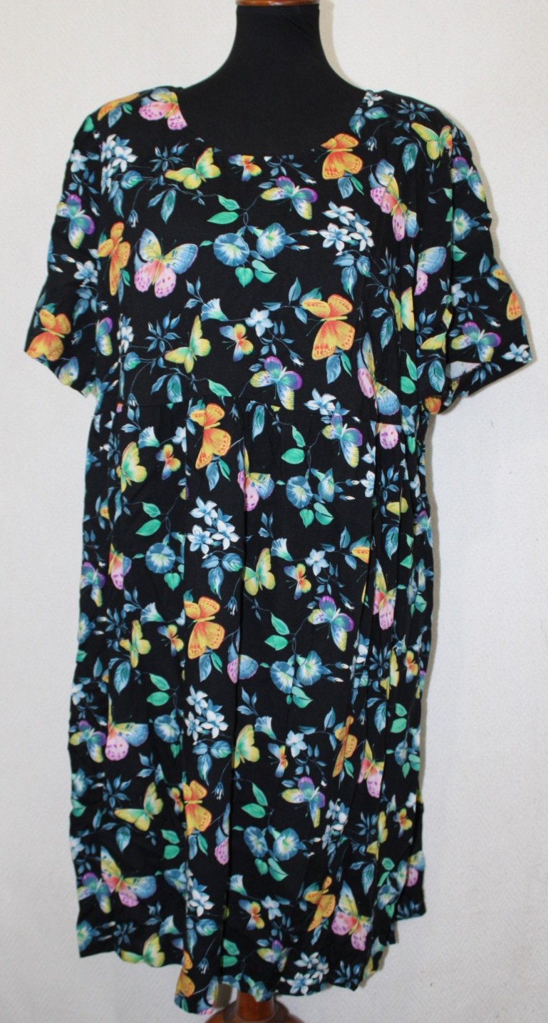 Vtg More Jazz Sz 2X Black Floral & Butterflies Shift Dress Rayon