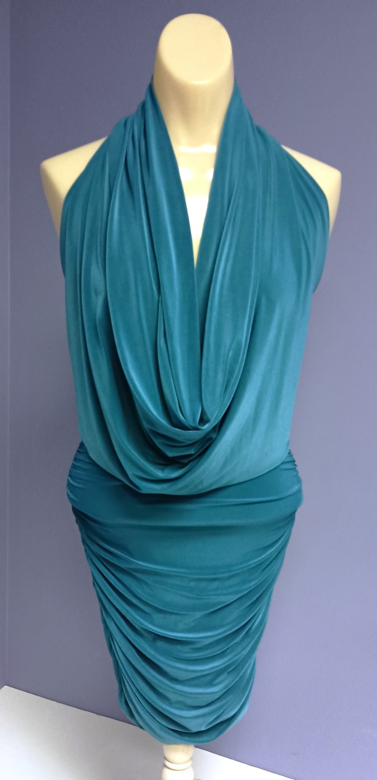 Vintage 90’s XXI Teal Bodycon Backless Ruched Cowl Halter Dress S/P