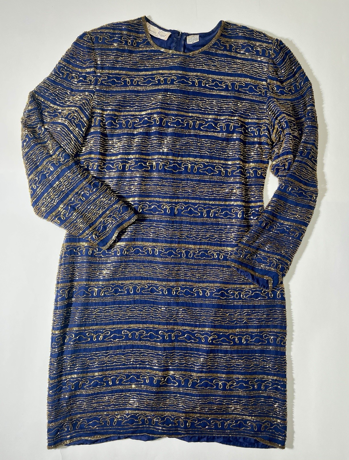 Laurence Kazar Vintage 100% Silk 80s Beaded Dress Blue Gold Cocktail XL
