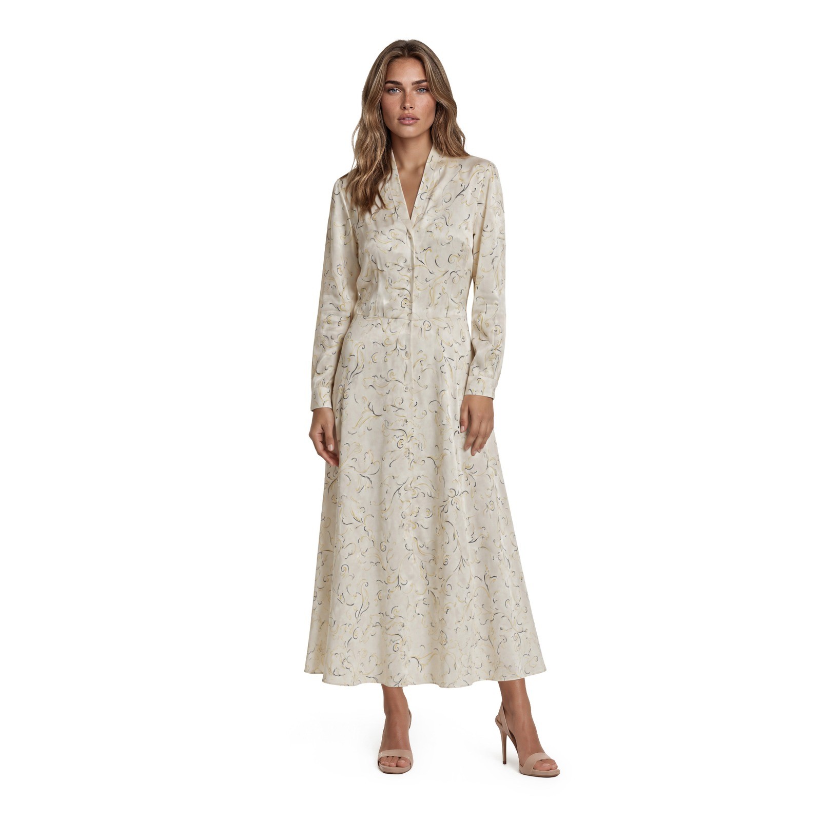 Vintage AJ Frank Maxi Dress Women’s Size 8 Cream Yellow Scroll Filigree Button