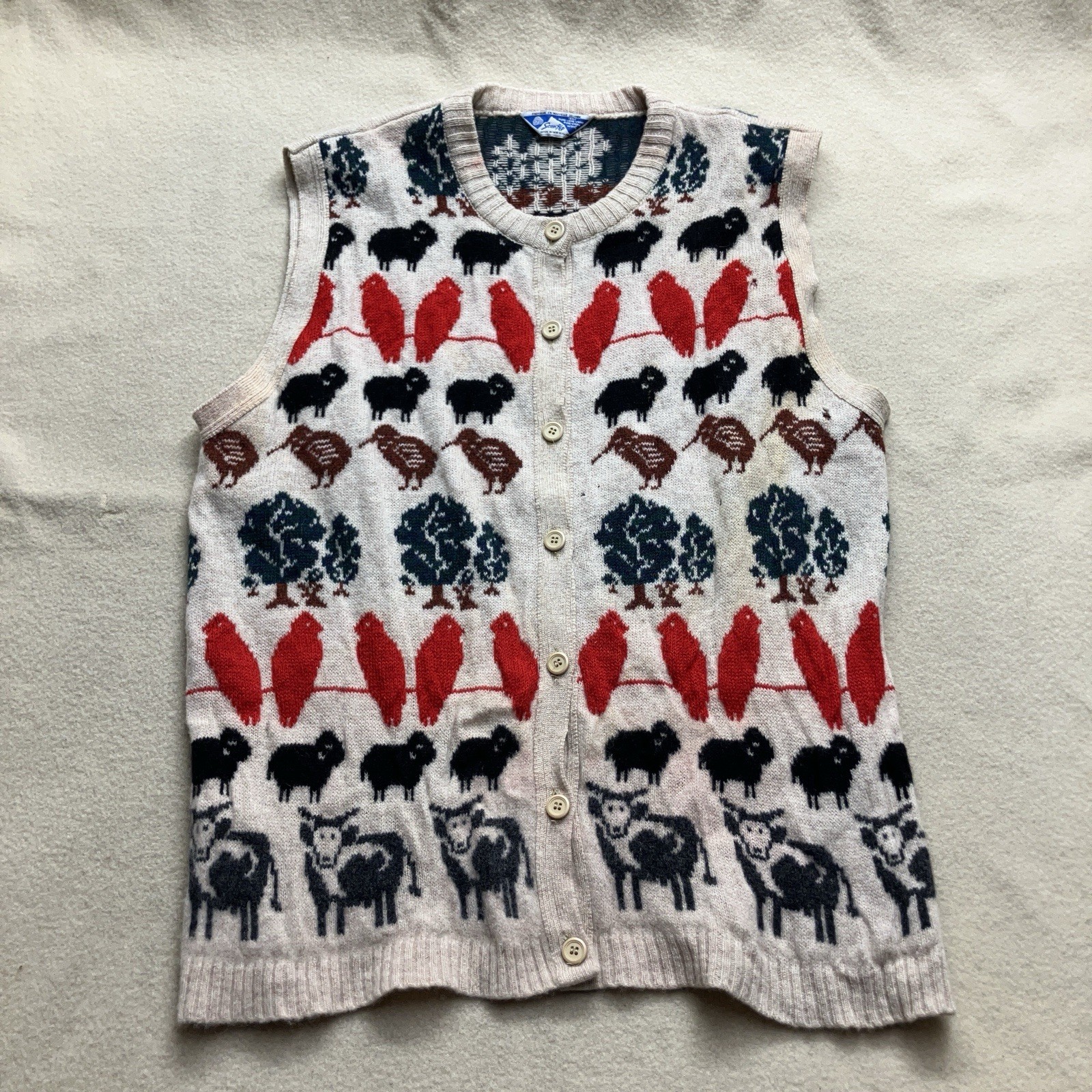 Vtg 80s PURE WOOL Knit Sweater Vest Made In New Zealand L Animal Theme Kiwi