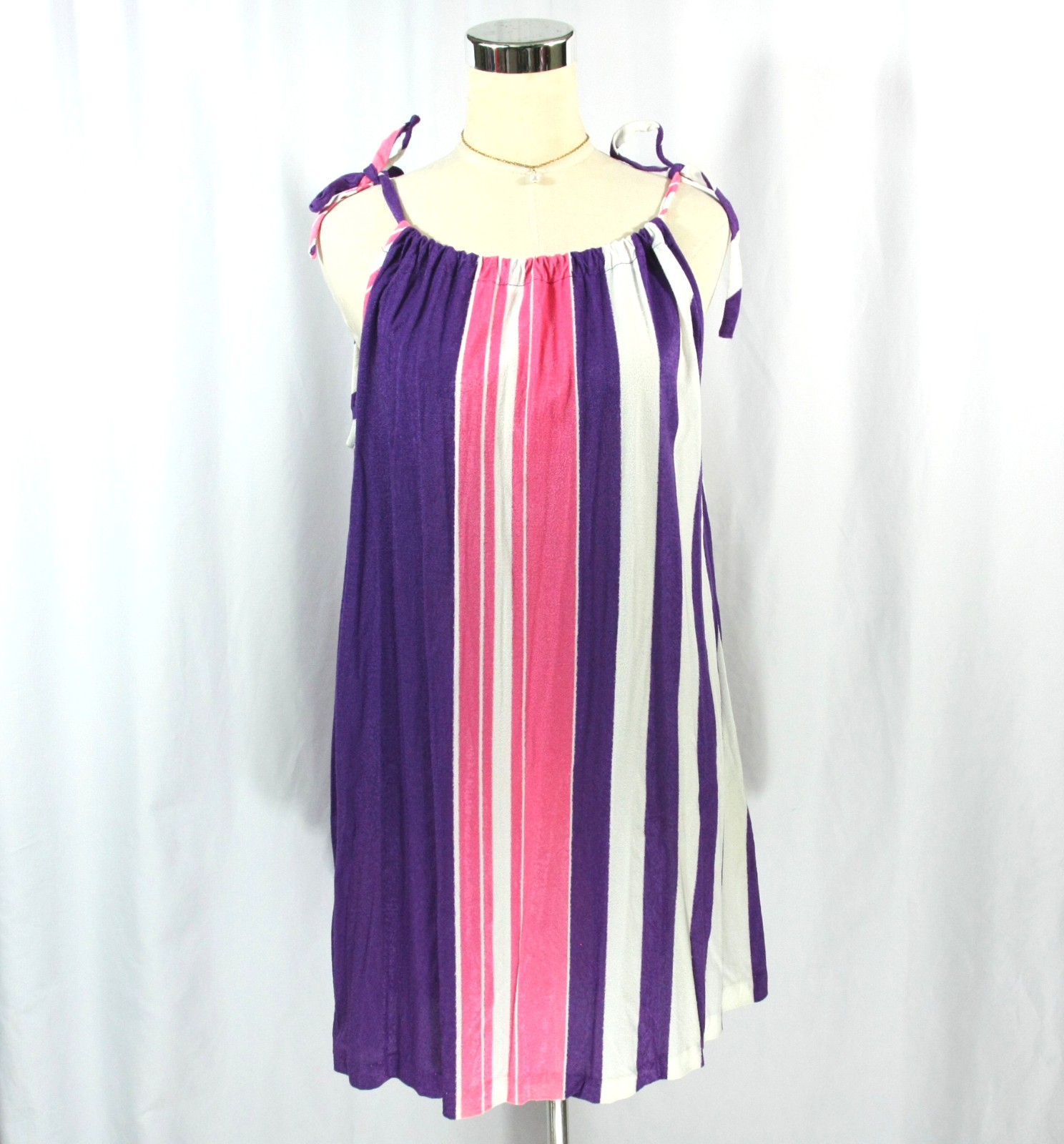 Vintage Striped String Tie Pool Beach Cover Terry Mini Dress Sundress 1970s