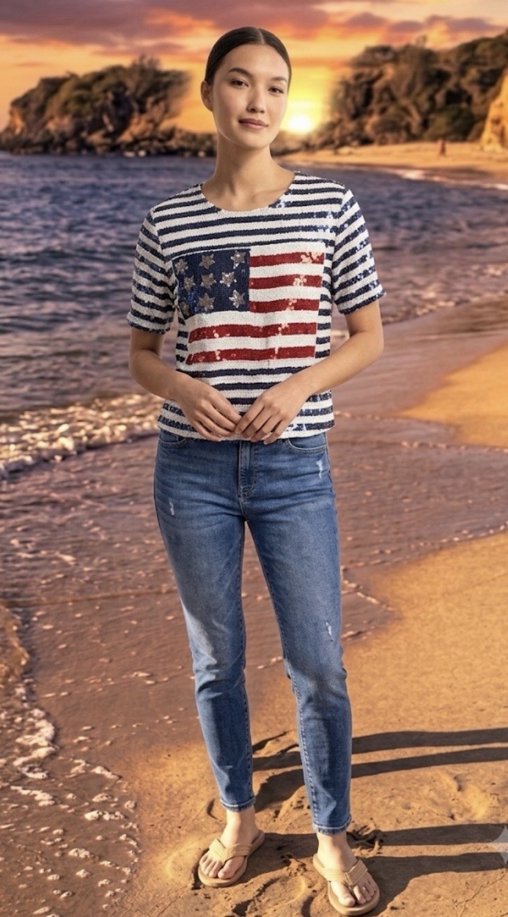 Vintage Sequin Flag Shirt Blouse Size Lx Silk 1980s Patriotic USA Celebrate New