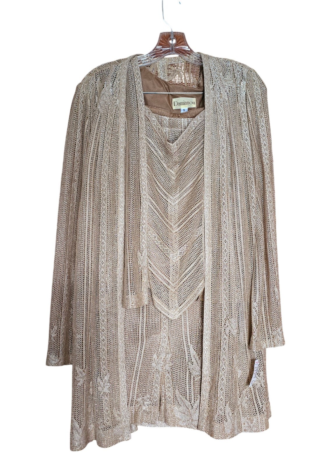 New Vintage Damianou Golden Knit 3 PC Set Skirt Jacket Top S Deco Look
