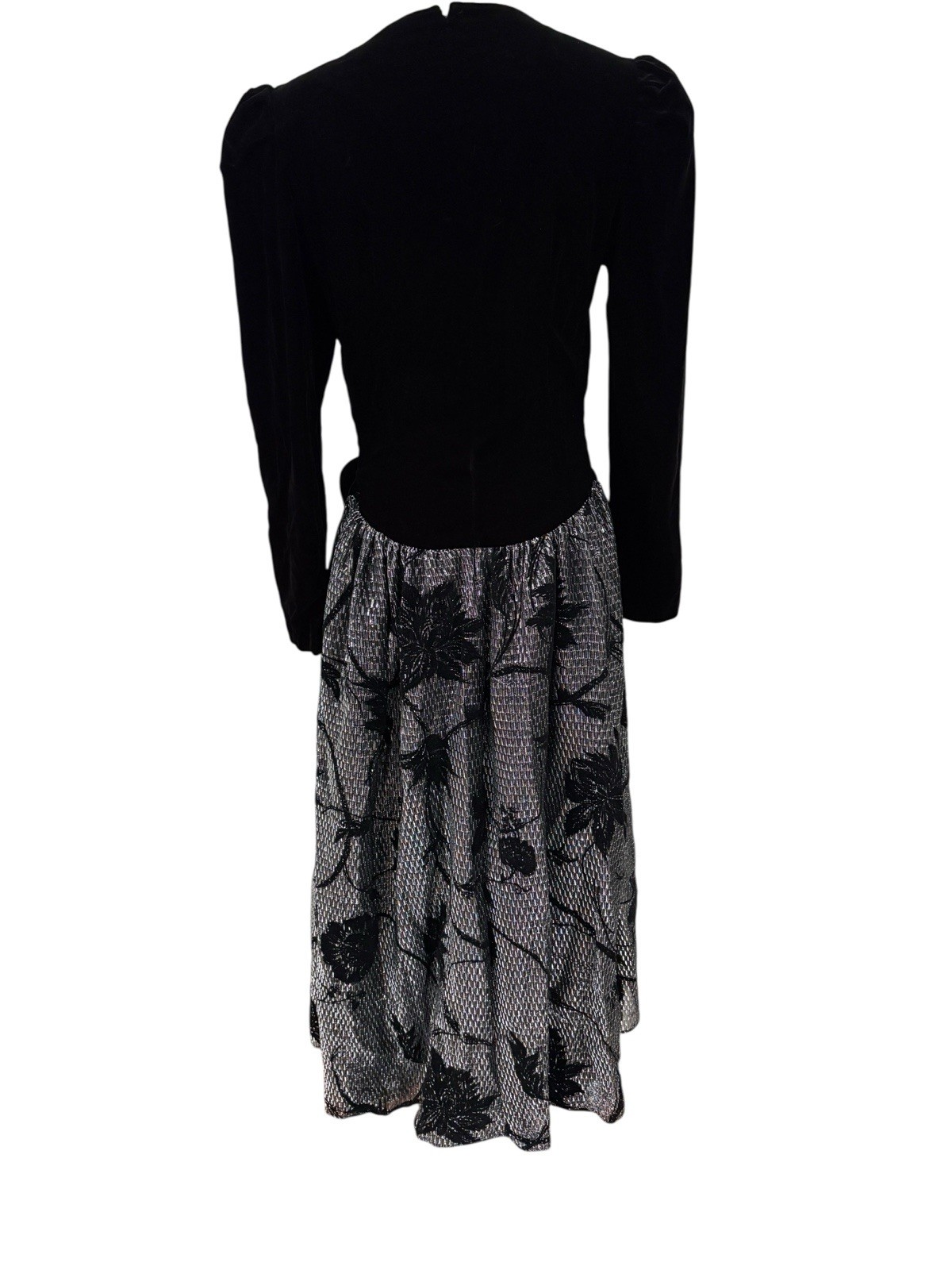 Vtg Cachet By Bari Protas Black Velvet & Metallic Silver Floral Skirt Dress Sz M