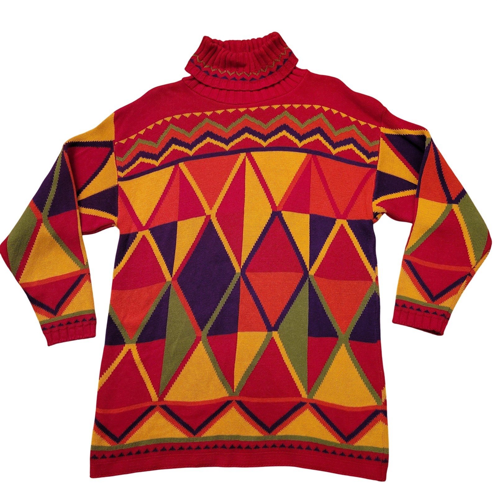 Della McKain Vintage Geometric Turtleneck Sweater Red Multicolor USA L