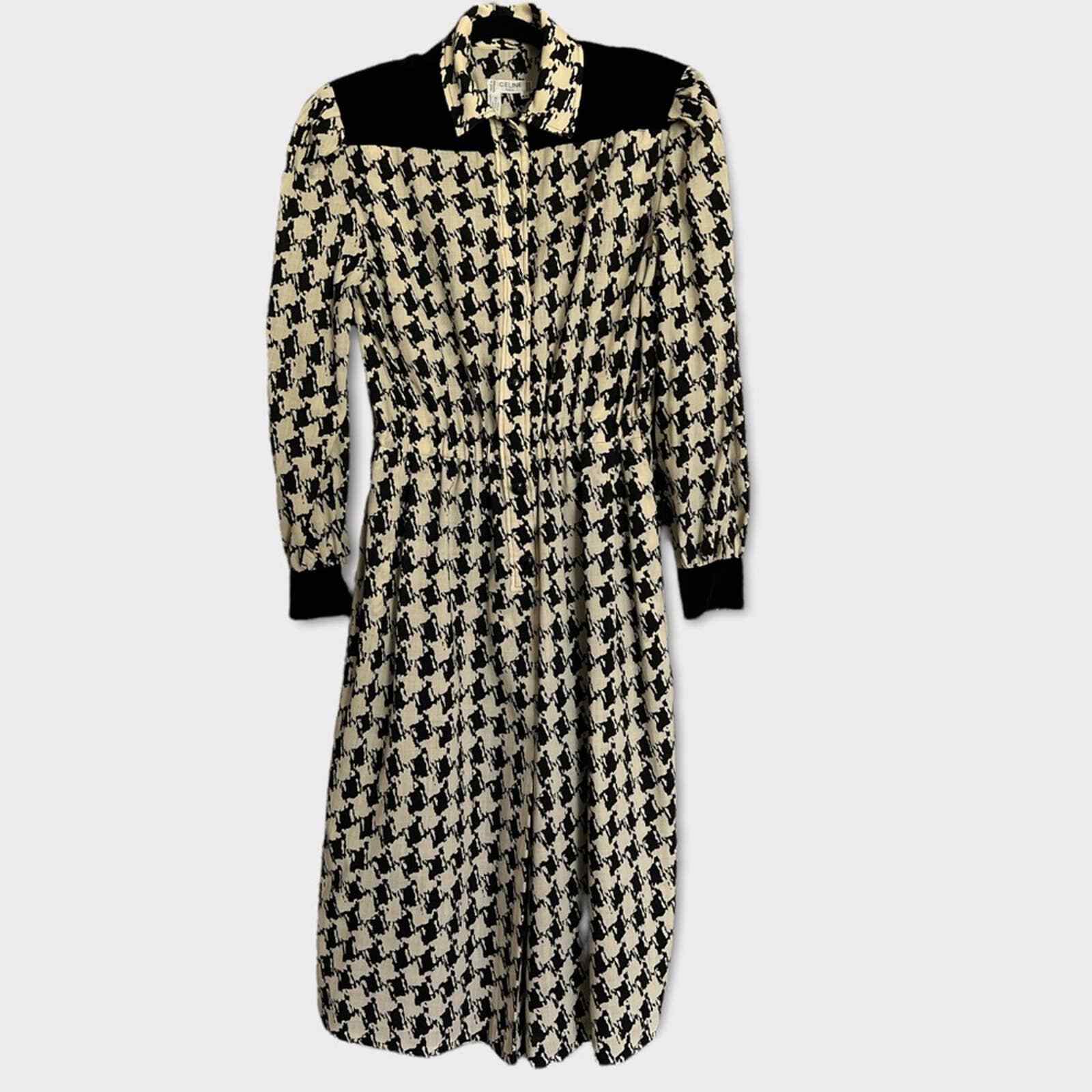Vintage Celine Paris 80’s Houndstooth Puff Sleeve Dress Classic Designer
