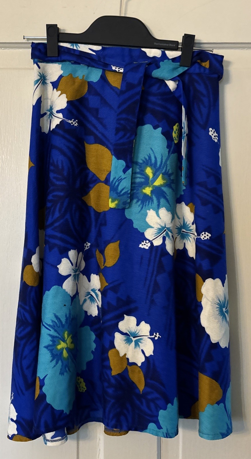 Vtg Paradise Fashions Hawaii Wrap Skirt Blue Hibiscus Floral Rayon One Size OSFM