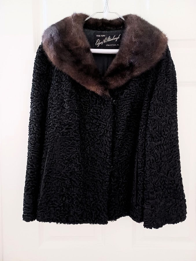 Vintage Black Persian Lamb Wool Swing Jacket Coat w/ Brown Mink Fur Collar -Mint
