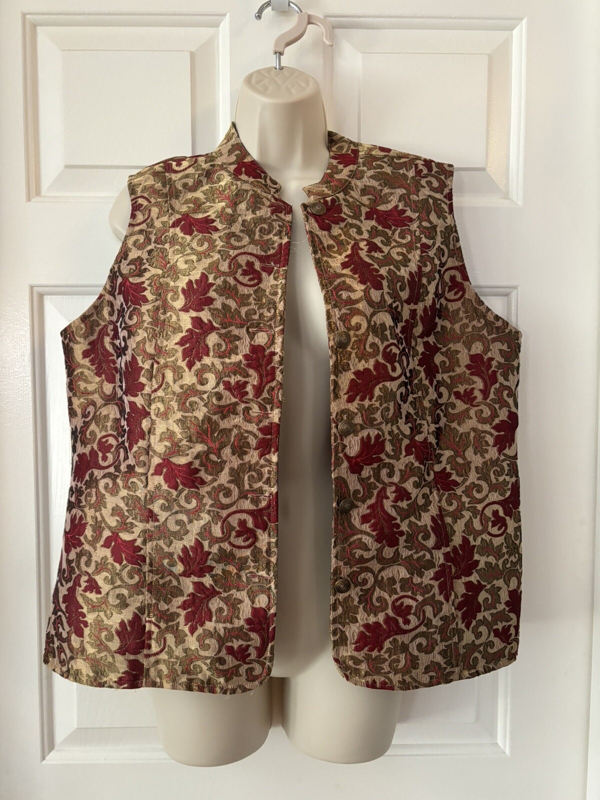 Vintage Serengeti Fall Vest Womens Med Red Green Metallic Lined Brass Buttons