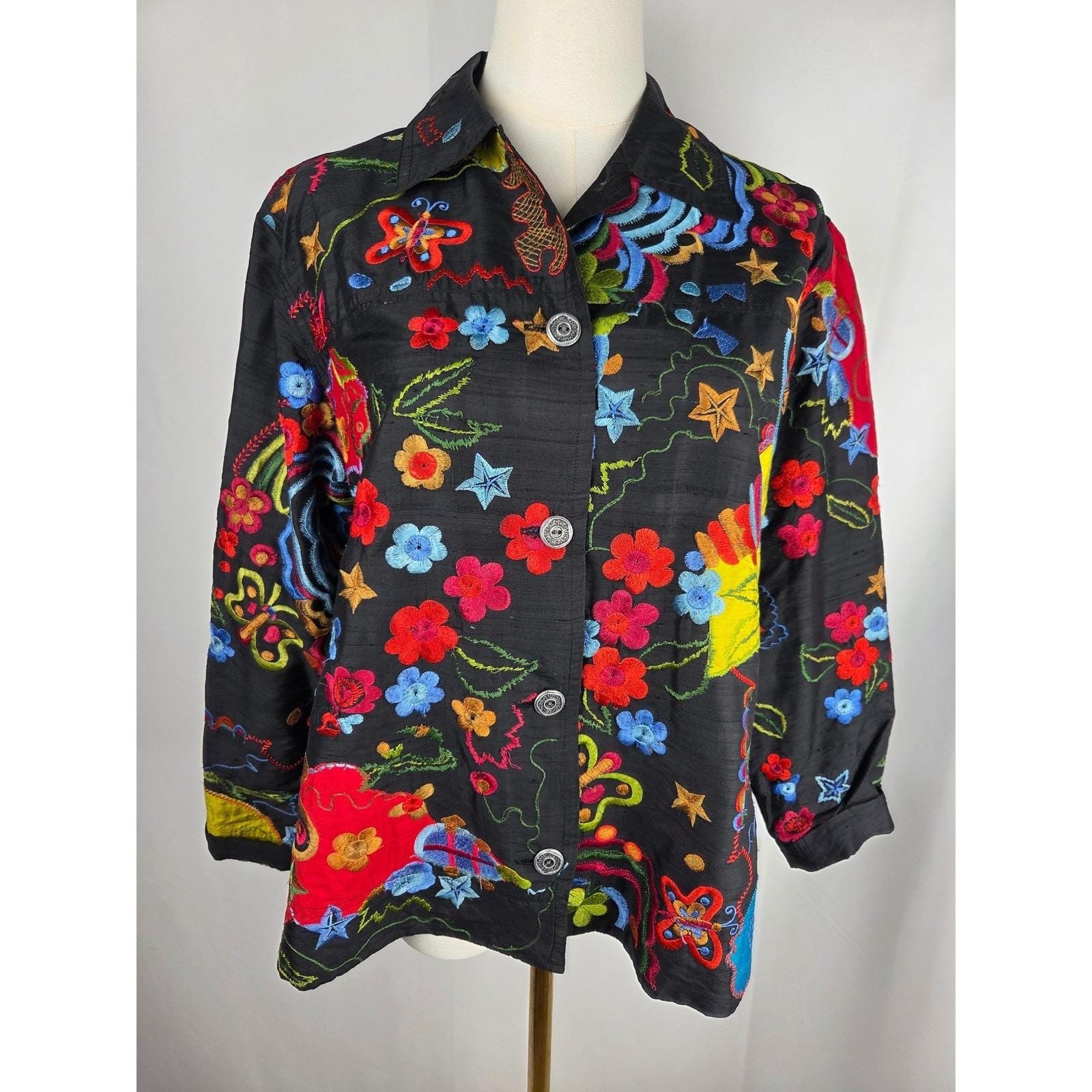 Chico’s Design Jacket Womens Size 1 Medium Black Silk Embroidered Vintage 80s
