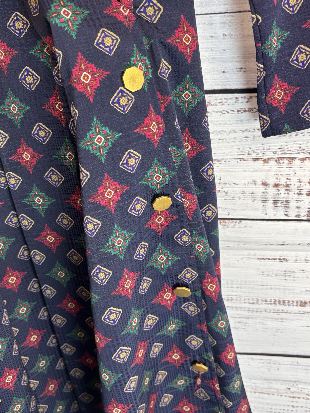 Vintage Leslie Fay Dress 8 Navy Belted Geometric Faux Wrap Stunning! Pinup Retro