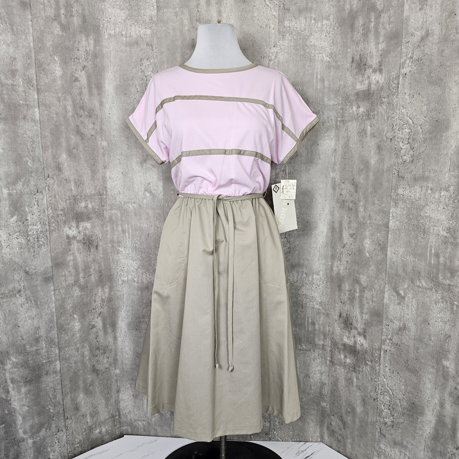 Vintage 80s Kelli Kaye Lilac Tan Midi Dress NWT USA 16 1/2 Pastel Soft Retro Mod