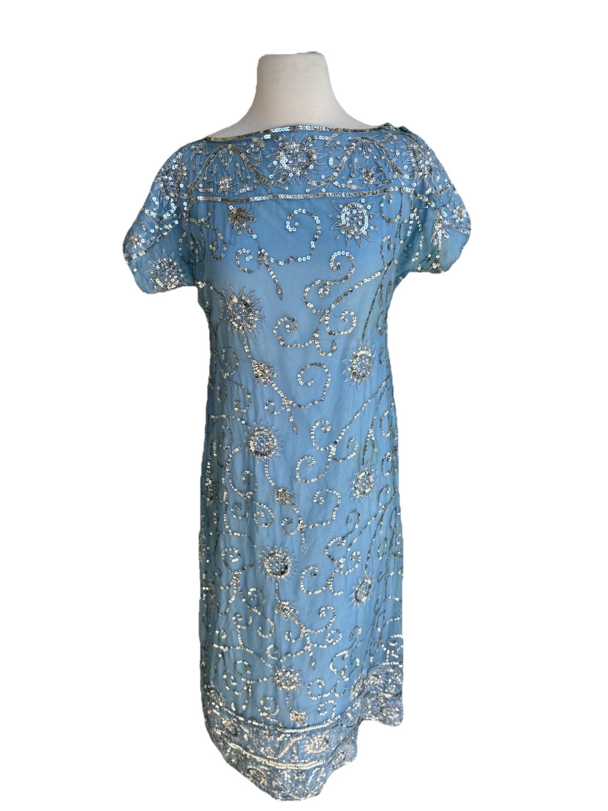 Vtg 60’s Profils Du Monde Beverly Hills Baby Blue Gown Silver Sequins Silk S