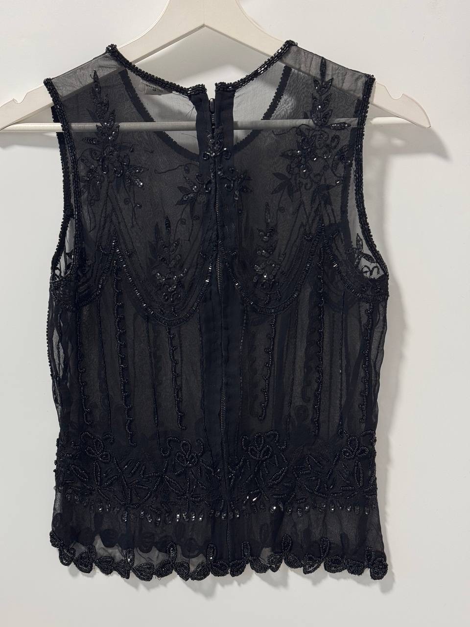 Vintage Black 100% Silk Hand Beaded Sheer Top Women’s Size S Art Deco Style Made