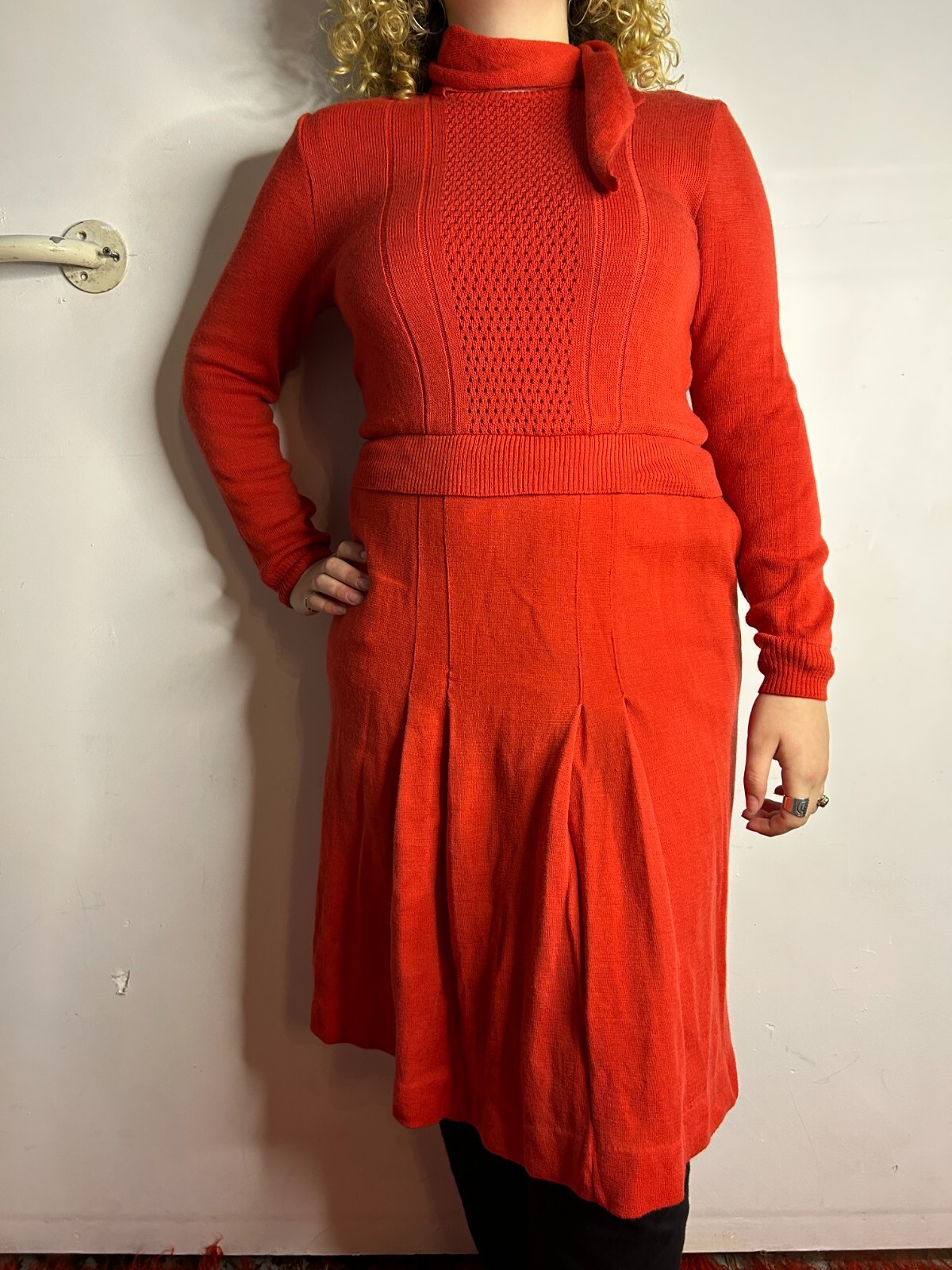 Vintage Australian 1970s LUGANO Pure Wool Red Crepe Knit Midi Dress AU 12