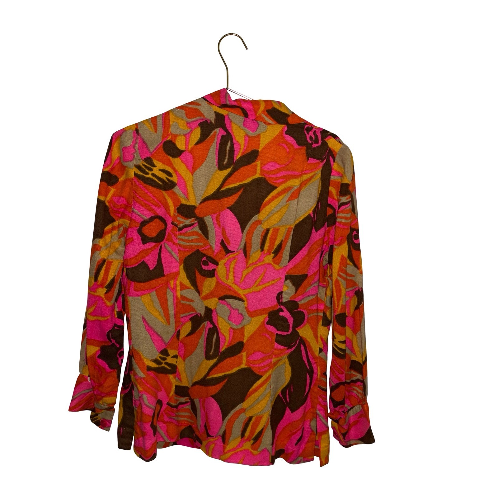 Vintage 70s Floral Blouse Pink Orange Abstract Retro Button Up Top P2P 20″
