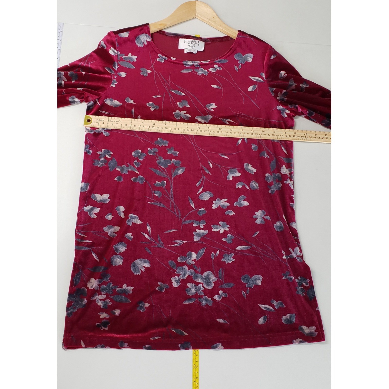 Cervelle Velvet Floral Top Womens Size S Red Vintage 90s Long Sleeve Tunic Boho