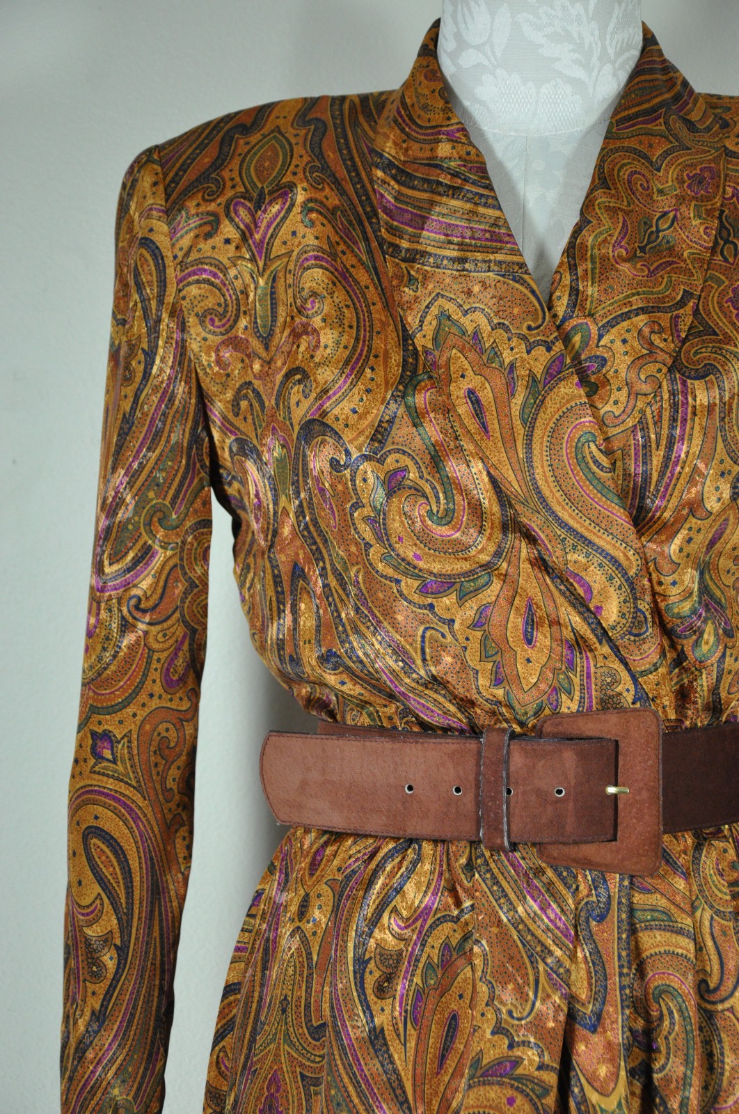 80s Vintage Spice Brown Silky Charmeuse Paisley Strong Shoulder Dress Women S M