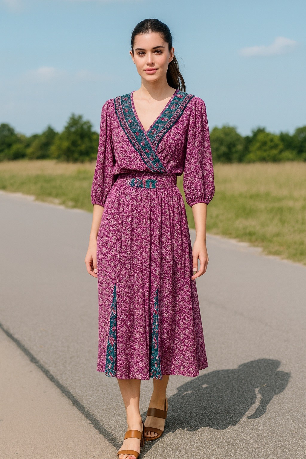 VNTG 80s Susan Freis satin multicolor floral faux wrap elastic ruffle dress M