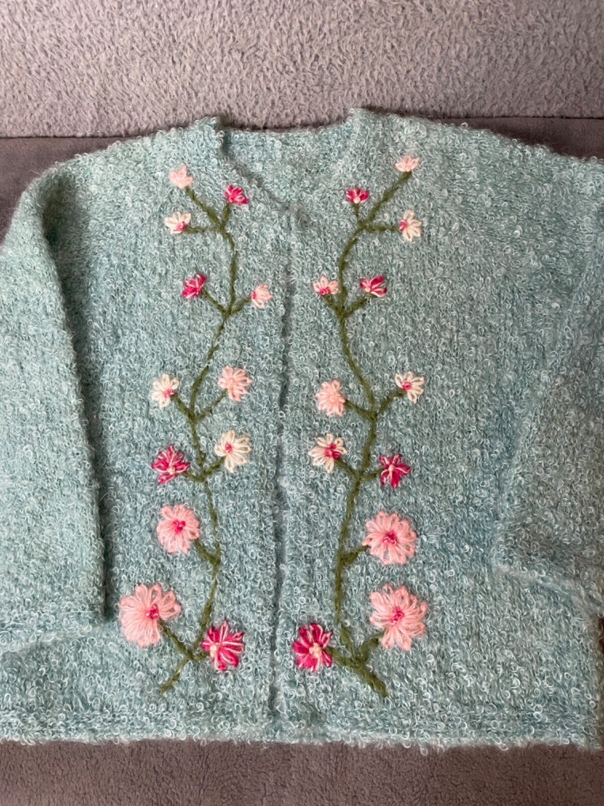 VTG Artisan Made Hand Knit Cardigan Sweater Womens S/M Aqua Pink Floral Nubby