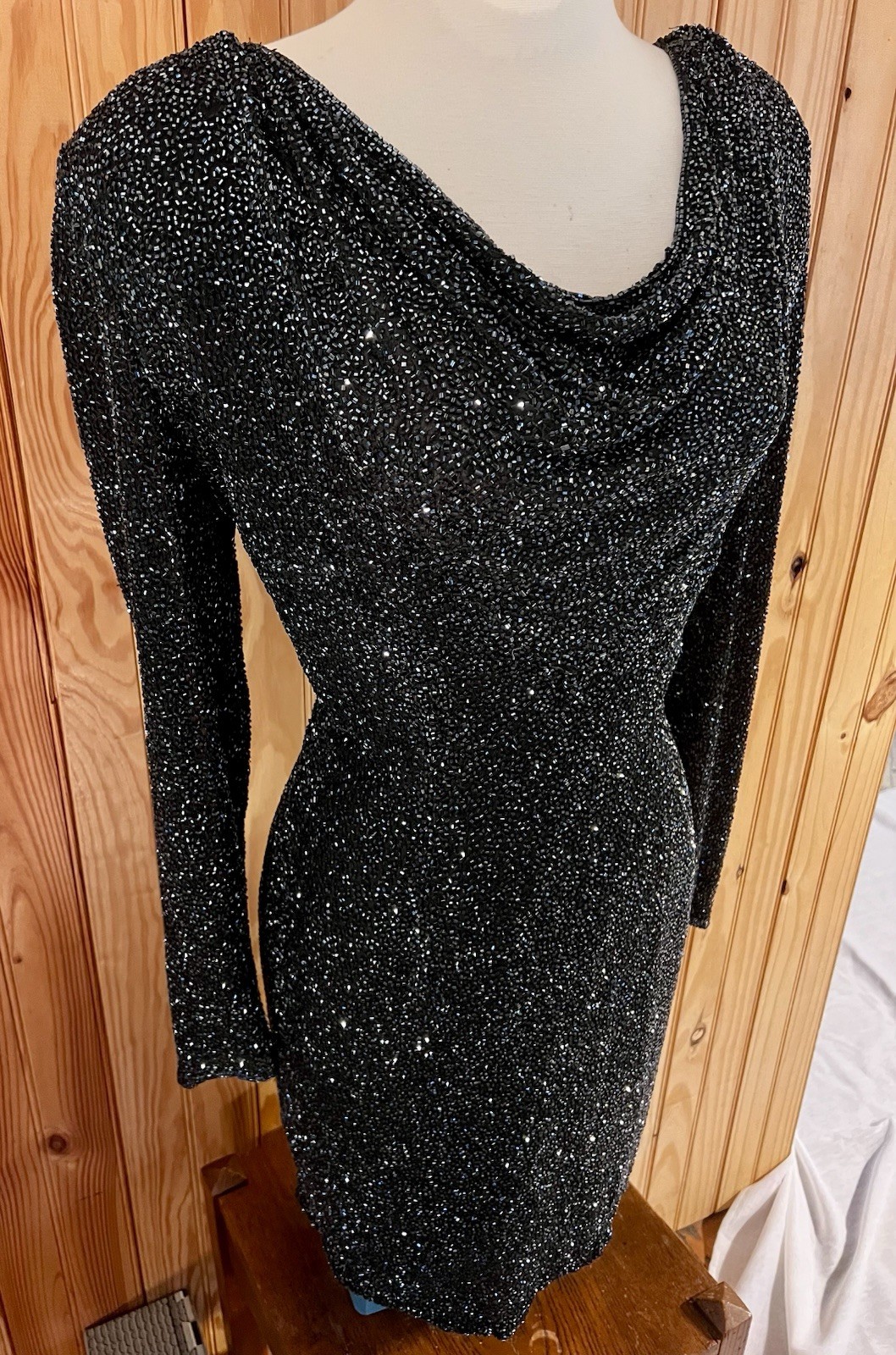 Vtg Naeem Khan Lillie Riazee Sequin Beaded mini long sleeve body con dress 80’s