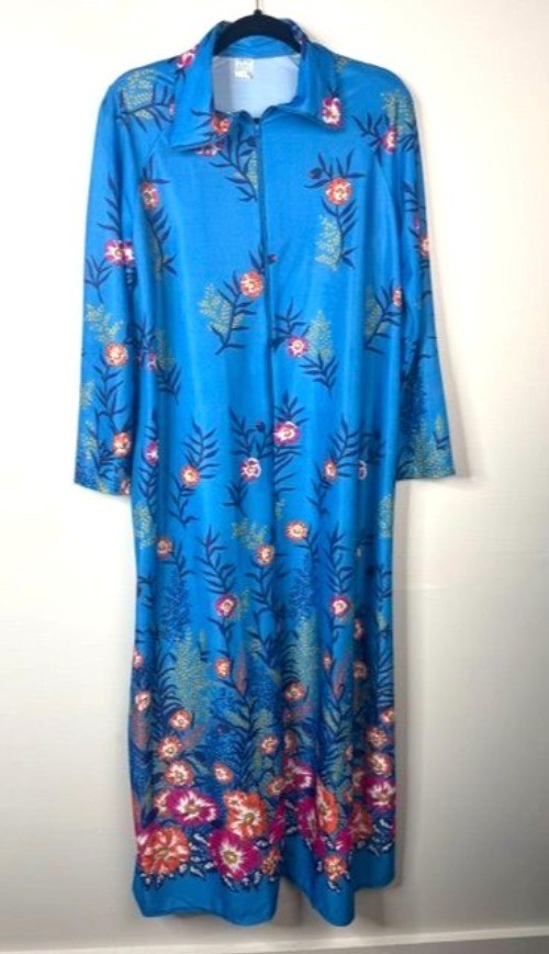 Vintage Elaine Skylar Blue Floral Long Caftan Lounger Half Zip Robe Mumu Dress L