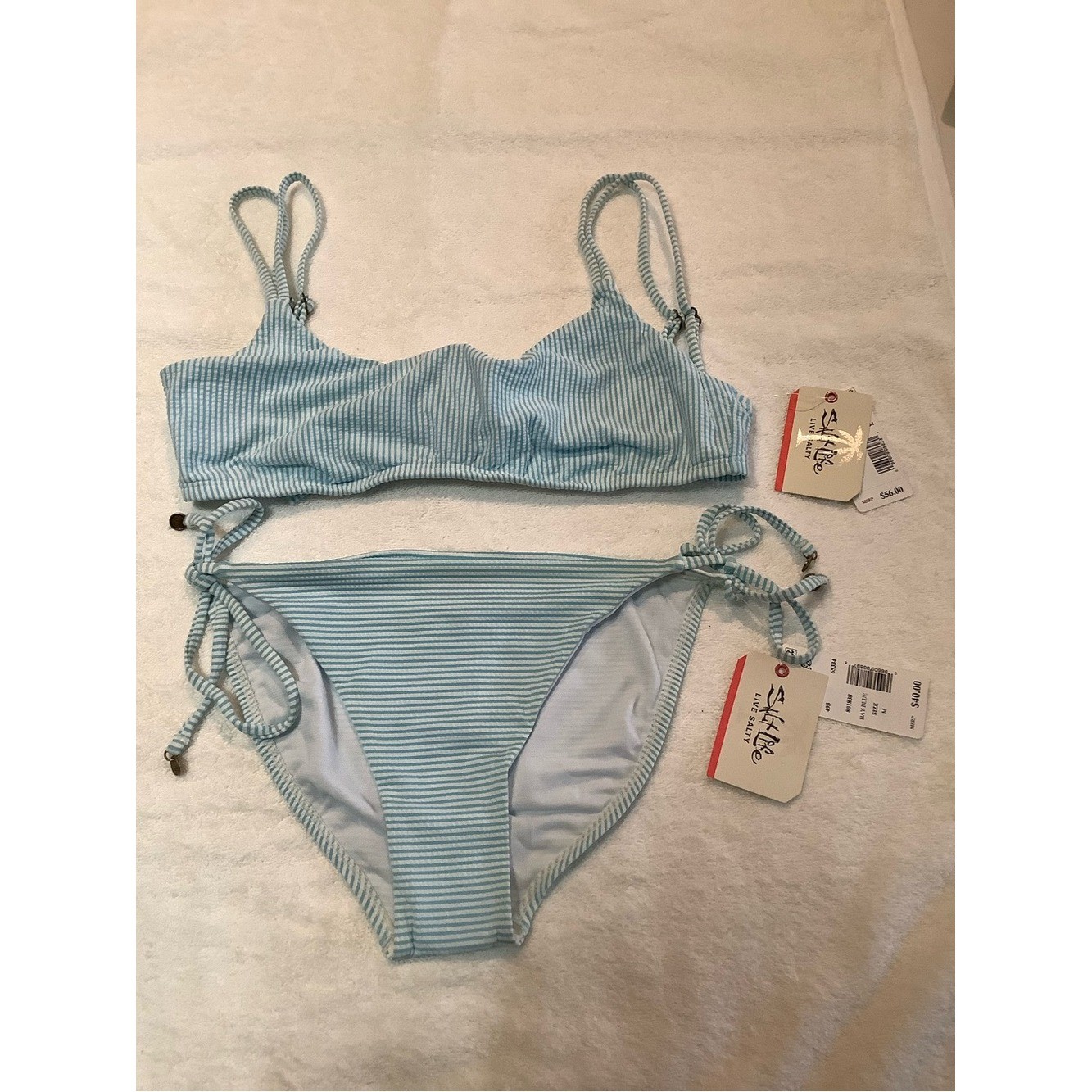 NWT sz MED Salt Life Blue Seersucker Stripe Bralette and Side Tie Bikini Set