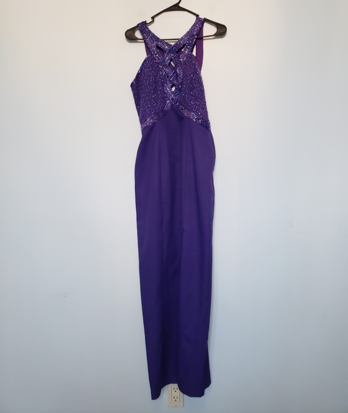Vtg Nadine Juniors 7 Formal Dress Deep Purple Beaded Top Strappy Back Prom FLAW