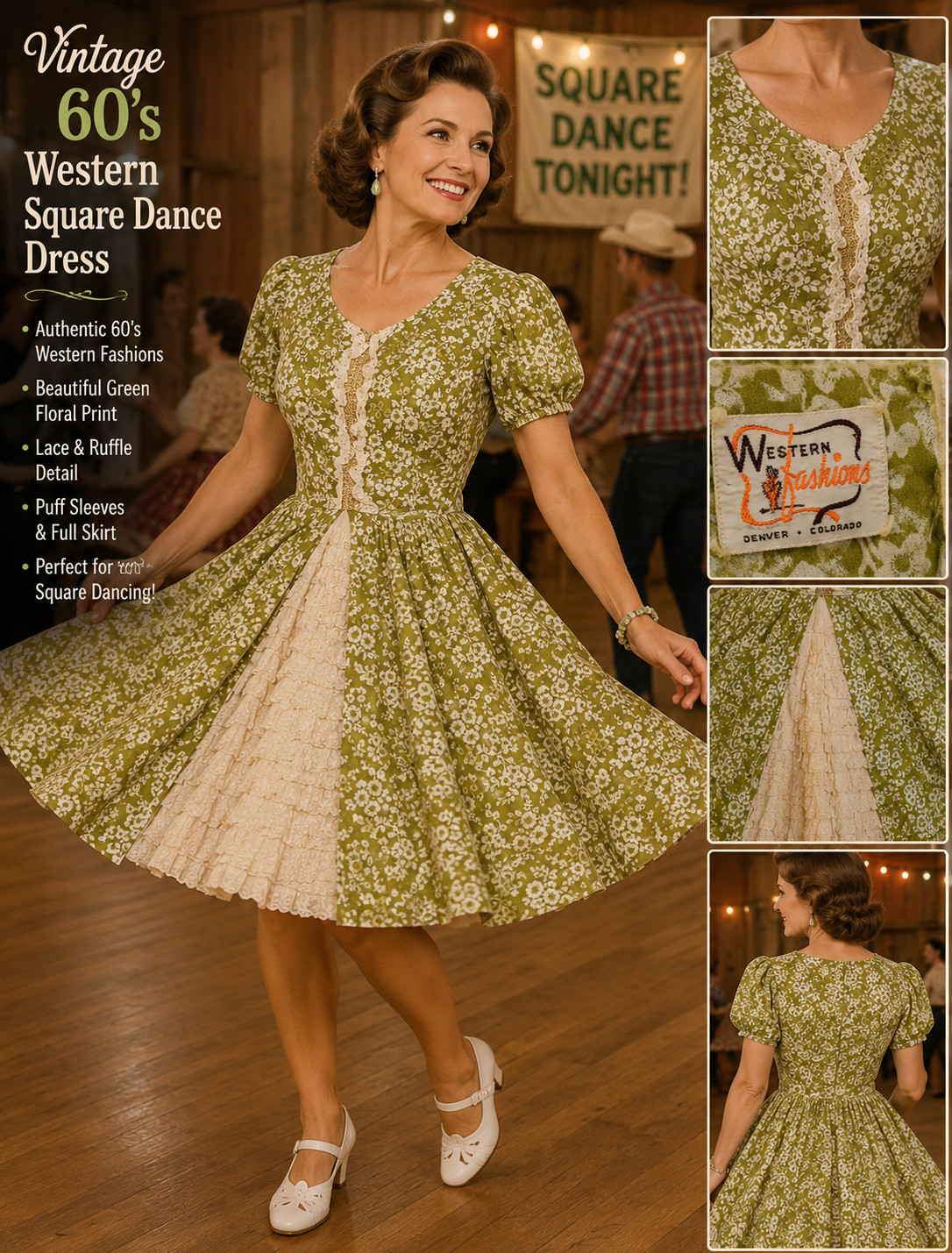 Vintage Western Fashions Prairie 60s Square Dance Twirl Dress Tem Tex Rockabilly