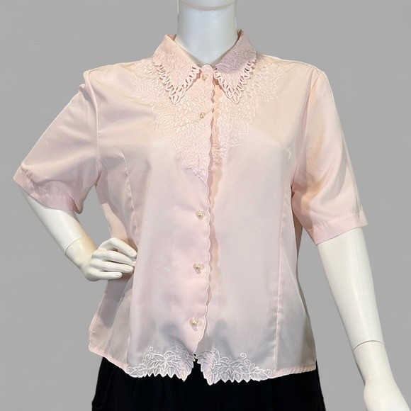 Vintage 1980s Claudia Richard Pink Embroidered Blouse Size 14 Cottagecore