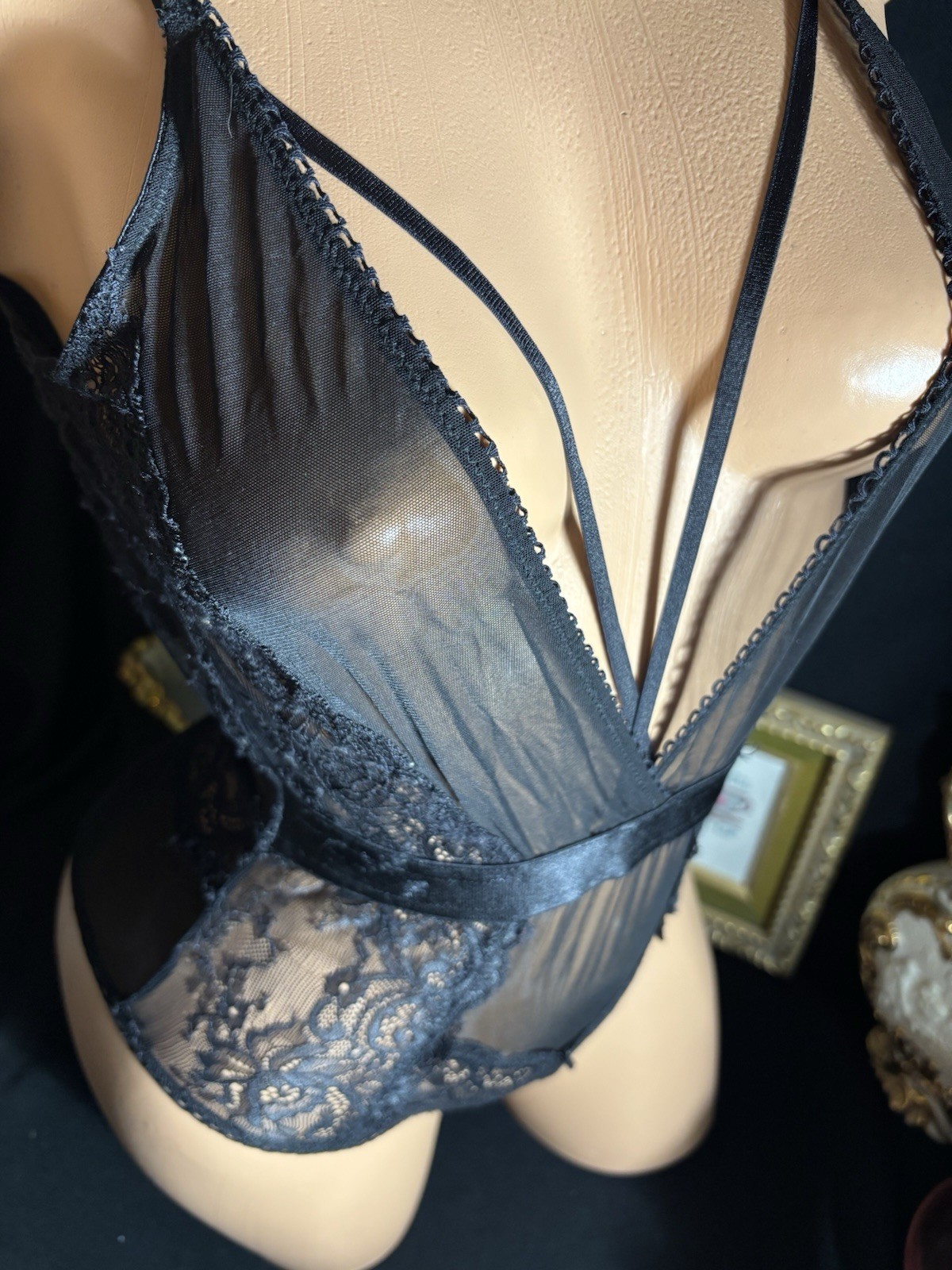 Vtg Silky Sheer Nightie CHIFFON NYLON OBG PANTIES BODYSUIT CHANTILLY LACE S