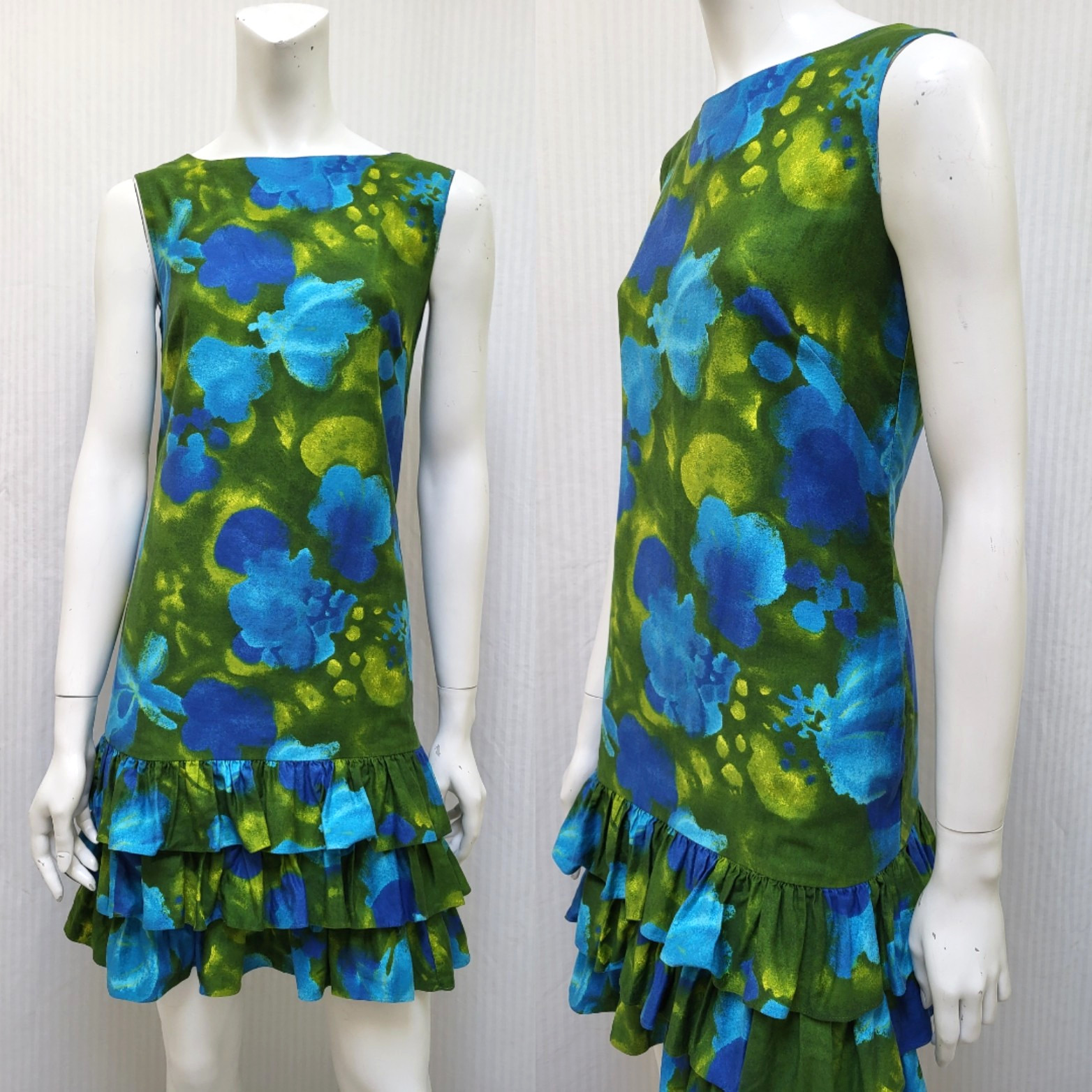 Vintage 1960s SUN FASHIONS HAWAII Blue Green Floral Ruffle Dress – Size XS – EUC