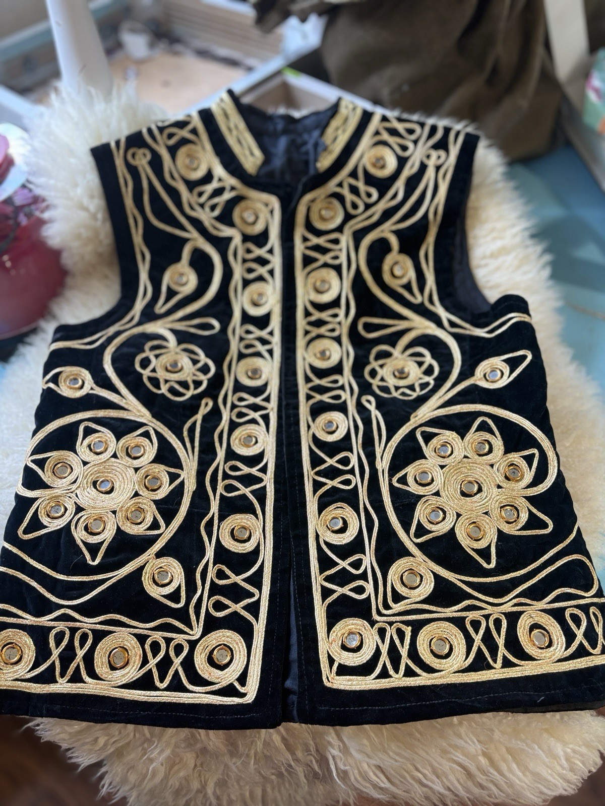 Vintage 70s Black Velvet Afghan Mirror Vest Gold Embroidered Hippie Waistcoat