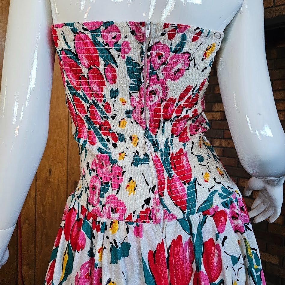 Vtg 1980s Strapless Tulip Floral Cocktail Garden Party SATC Prom Tea Dress S/M