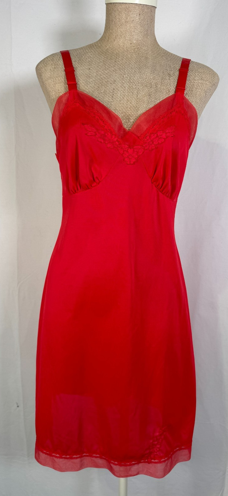 Vintage 80s Lorraine Scarlet Red Silky Nylon Nightgown Negligee Gown Lace Sz M