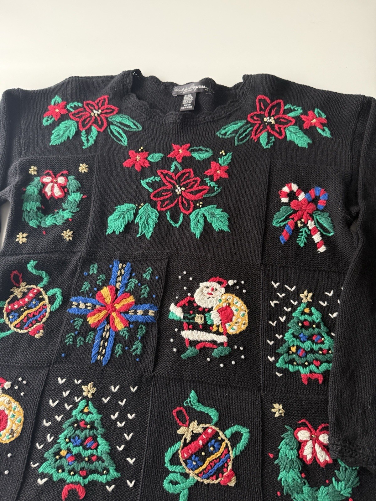 Work in Progress Gladys Bagley black Scalloped Holiday embroidery sweater M Flaw