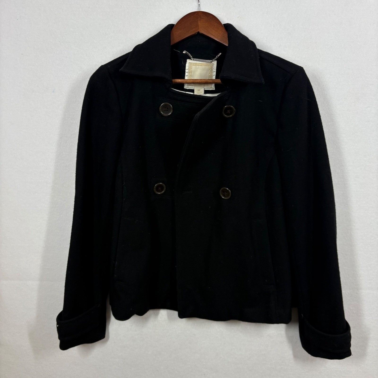 VTG Y2K Pea Coat Womens Medium Black Wool Double Breasted Classic Old Navy 2000s