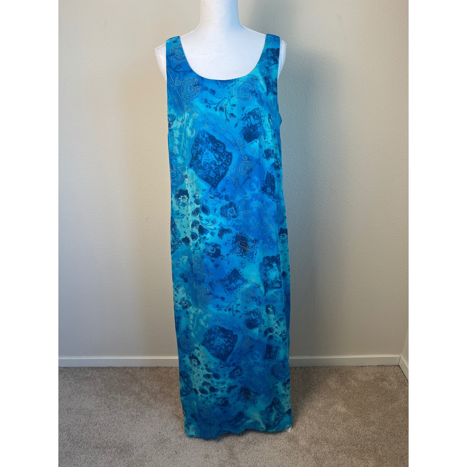 VTG Rabbit Rabbit Designs Blue Floral Rayon Maxi Dress Duster Set Size 12 Artsy
