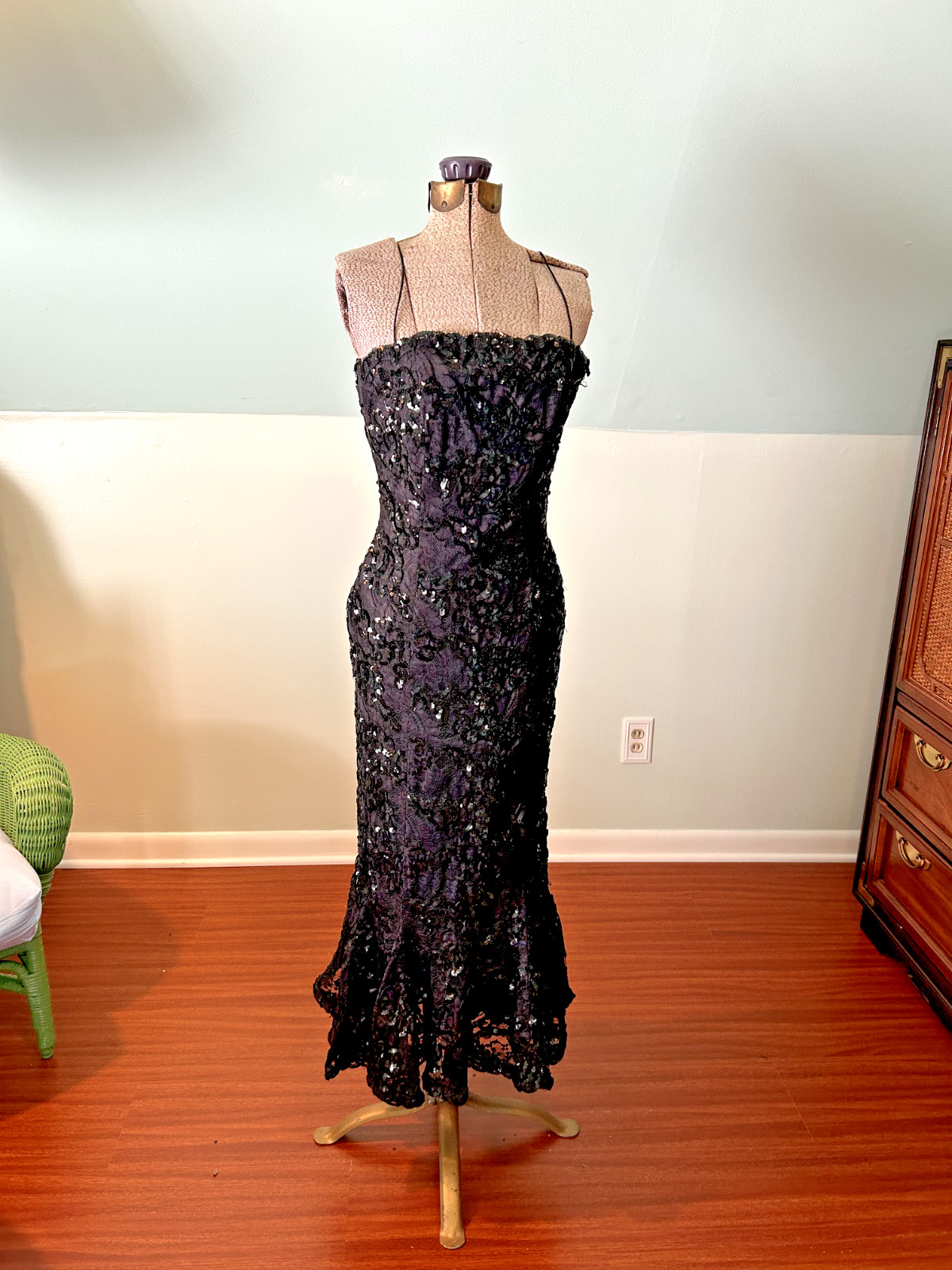 1960s 1970s Incredible Black Sequin Mermaid Gown With Statement Ruffle Bolero