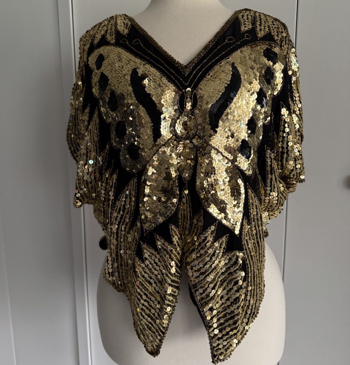 Vintage Black and Gold Disco Butterfly Top Beads and Sequins on Silk