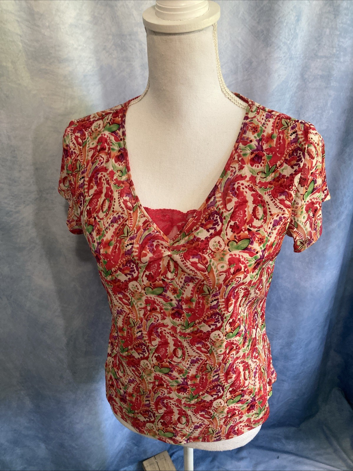Vtg 90s Y2K Crazy Horse Liz Claiborne Mesh Overlay Blouse Pink Multi Paisley Med