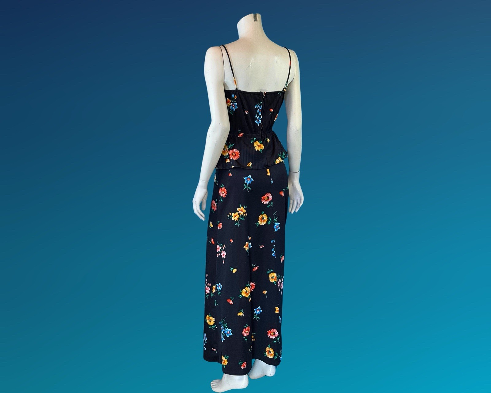 70s Boho Black Floral Print Peplum Maxi Sundress / S XS