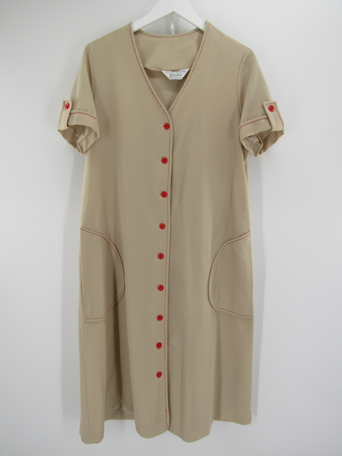 Vtg 60 70s Mint Lady Blair M L Beige Button Down Midi House Dress w Pockets