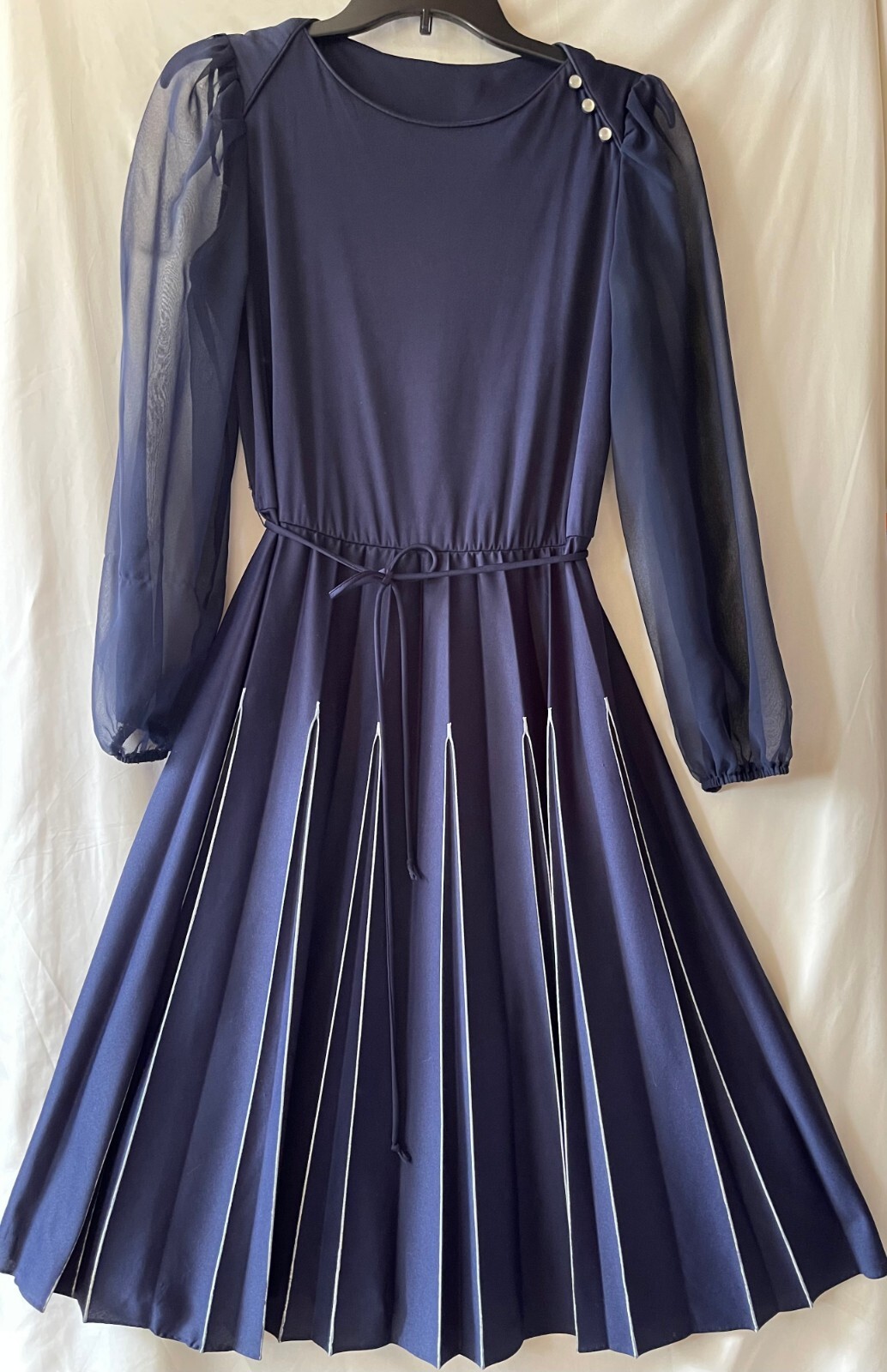 VINTAGE, M DRESS, NAVY BLUE A LINE with PLEATED FULL SKIRT, SHEER SLEEVES