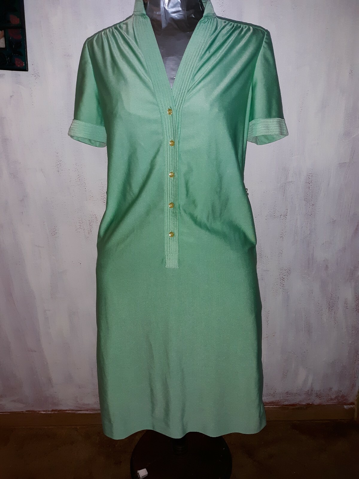 Vintage 60s 70s Schrader Sport New York Mod Shift Taupe Short Sleeve Dress sz6