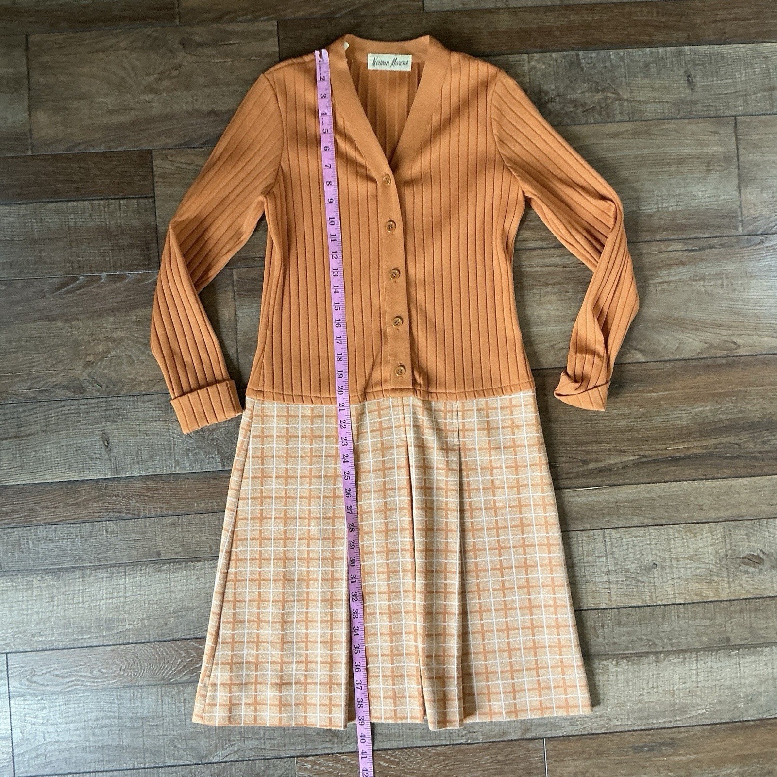 60s 70s VTG Neiman Marcus Orange Knit Plaid Drop Waist Dress Size 10 ILGWU #38D7