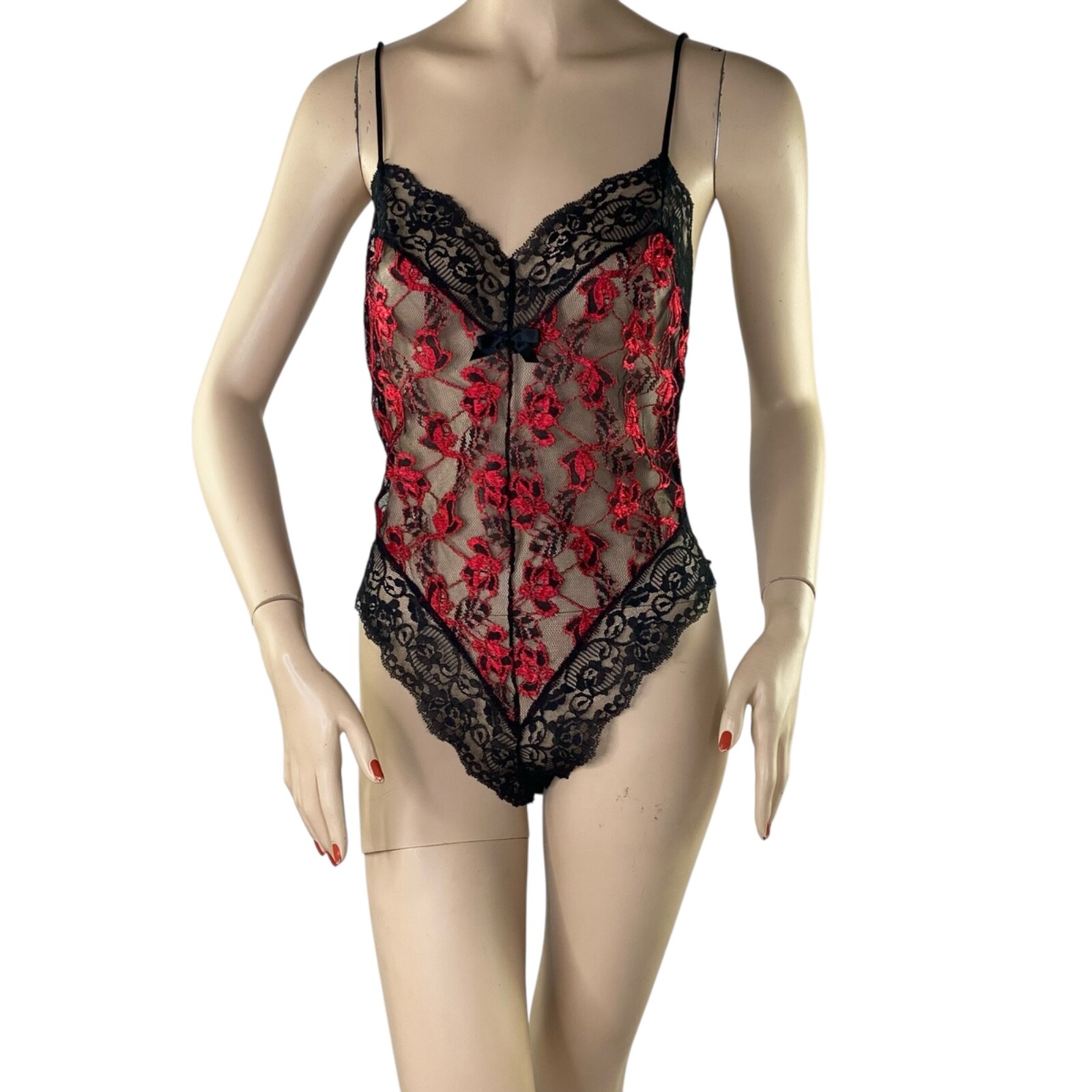 Vintage Nan Flower Red & Black Nylon & Lace Bodysuit Teddy Lingerie 80s Large