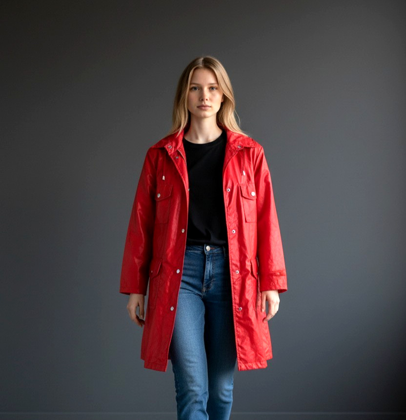 Red Mod Raincoat; Above-Knee With Pockets; Size 6-7 Nylon/All-Season