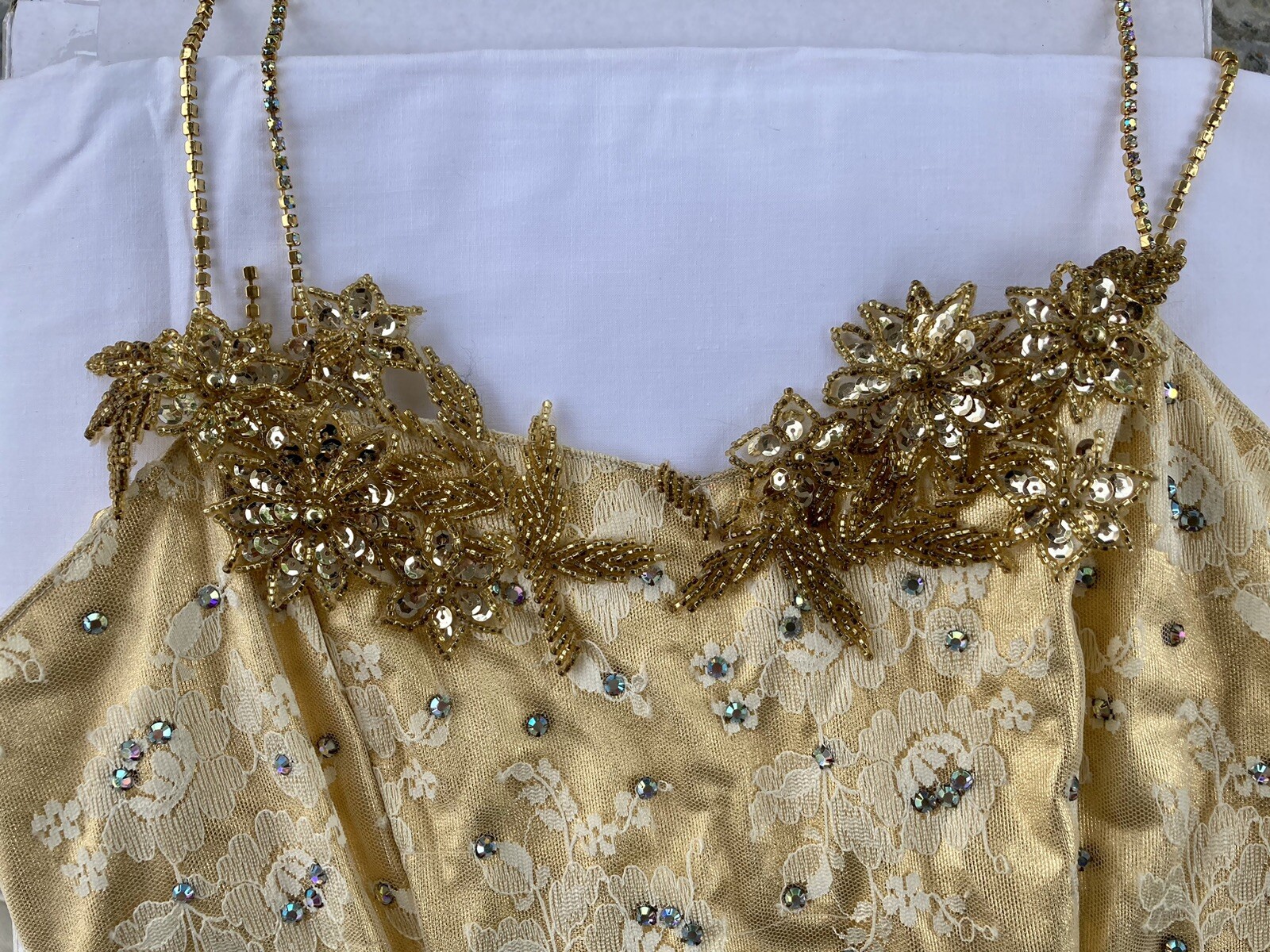 1980s GOLD LONG DRESS w/Lace and Rhinestones; Fancy Trim d1-2